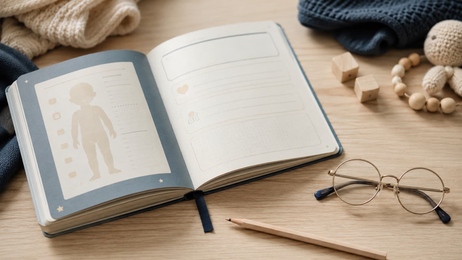 Carnet de santé d’enfant ouvert posé à côté d’une petite paire de lunettes sur une table en bois clair, lumière douce