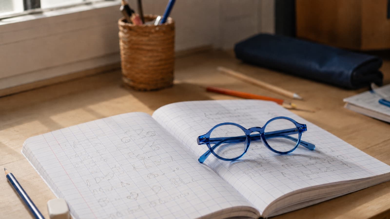 Petites lunettes rondes bleues posées sur un cahier d’écolier ouvert couvert d’une écriture d’enfant, près d’une fenêtre lumineuse