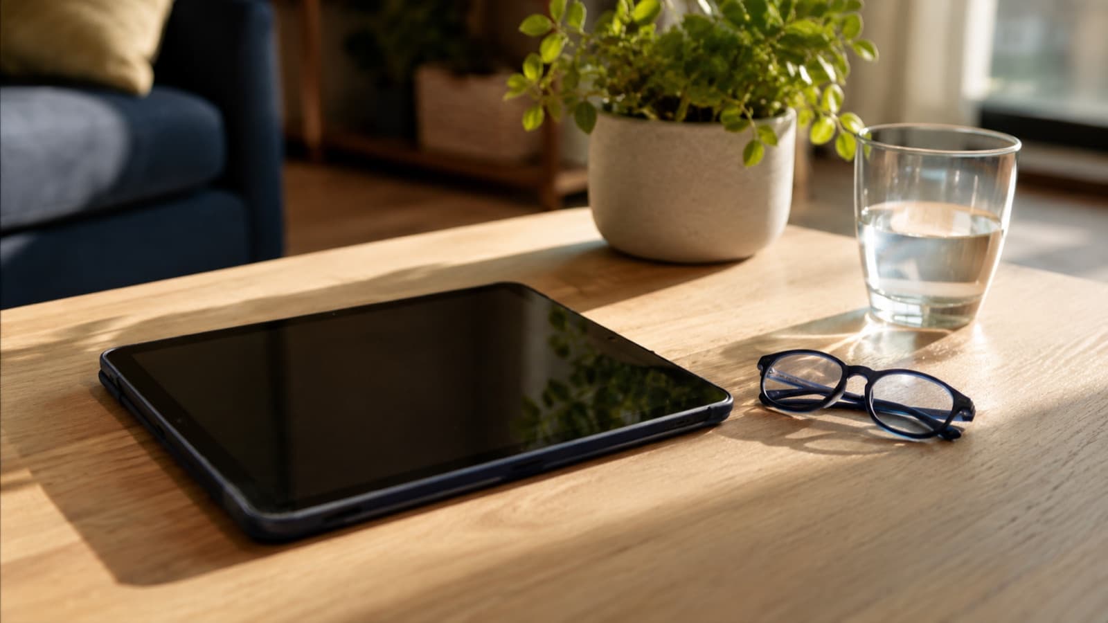 Tablette éteinte posée sur une table en bois clair à côté de lunettes d’enfant, d’une plante verte et d’un verre d’eau, lumière de fin de journée