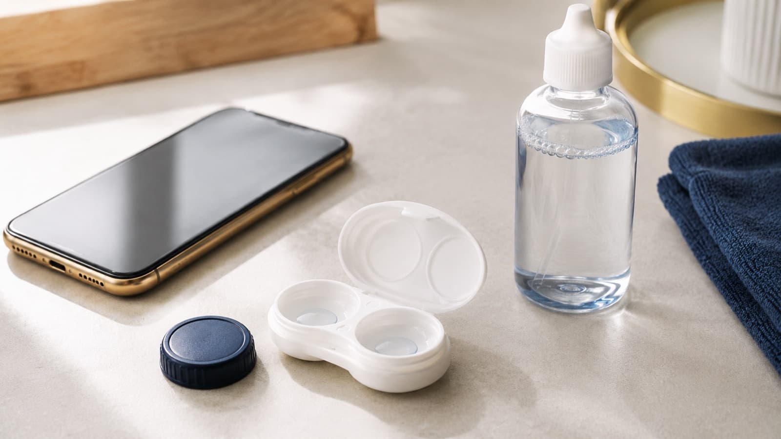 Étui à lentilles ouvert et flacon de solution posés sur un plan clair à côté d’un smartphone, lumière naturelle douce