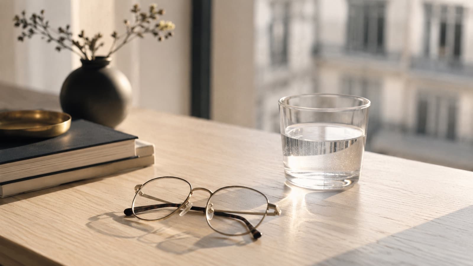 Paire de lunettes fines posée sur une table en bois clair près d’une fenêtre lumineuse, ambiance douce et sereine