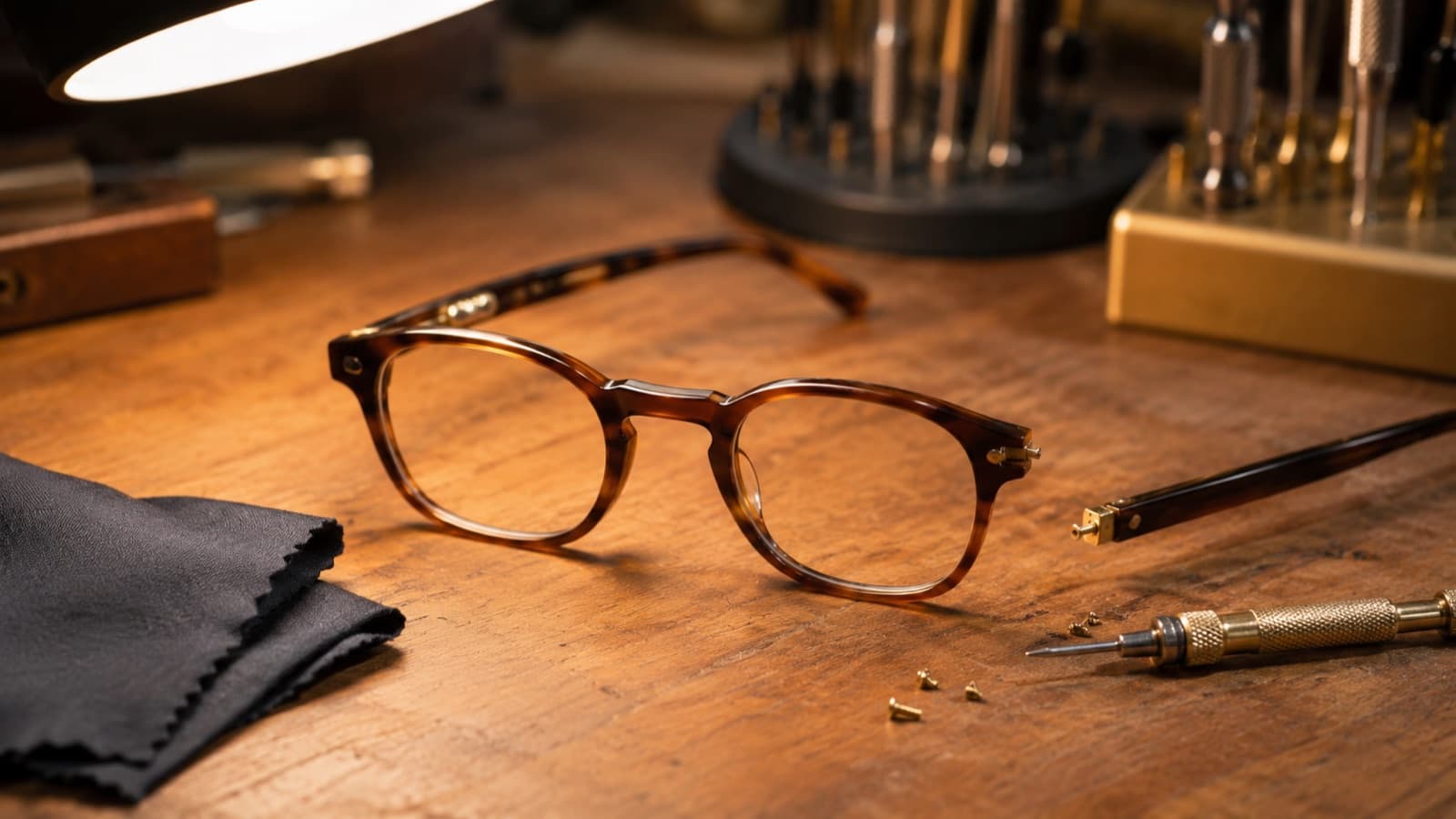 Paire de lunettes à la branche désolidarisée posée sur l’établi en bois d’un opticien, à côté d’un tournevis de précision et de vis