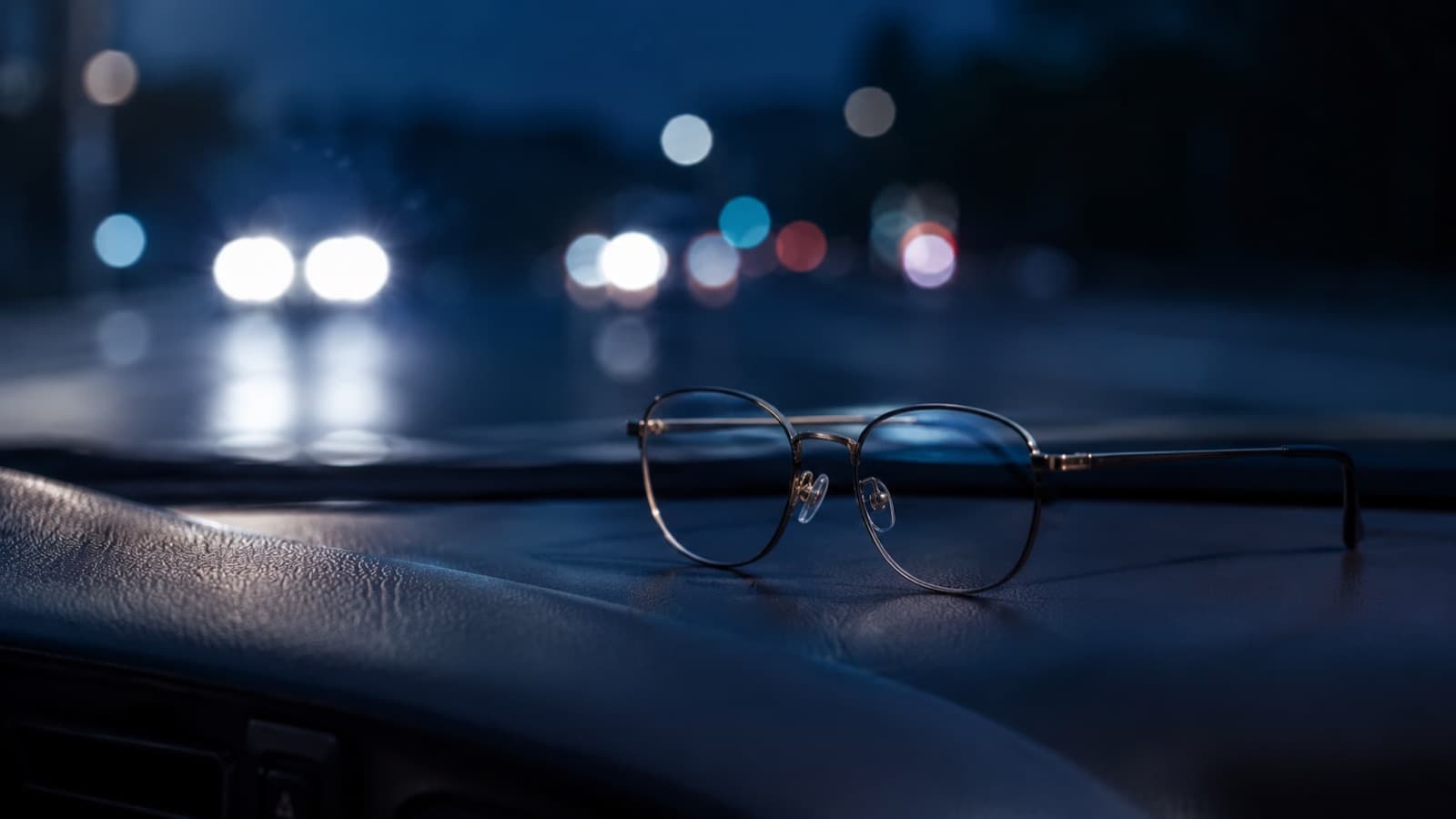 Paire de lunettes fines posée sur le tableau de bord d’une voiture la nuit, halos lumineux flous des phares en arrière-plan