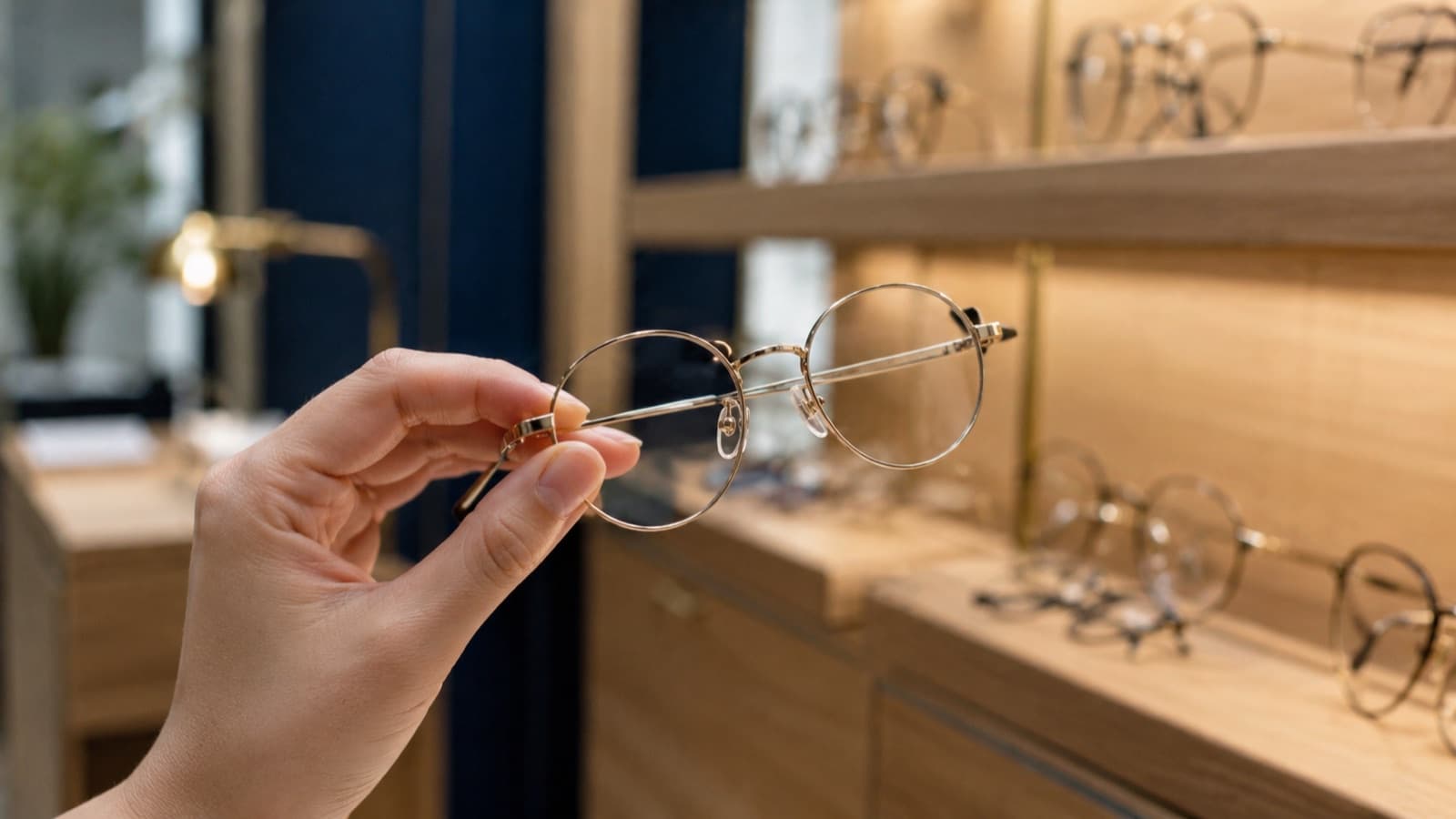Petite monture ronde en métal fin tenue en main devant un présentoir de lunettes, dans une boutique d’optique à la lumière douce