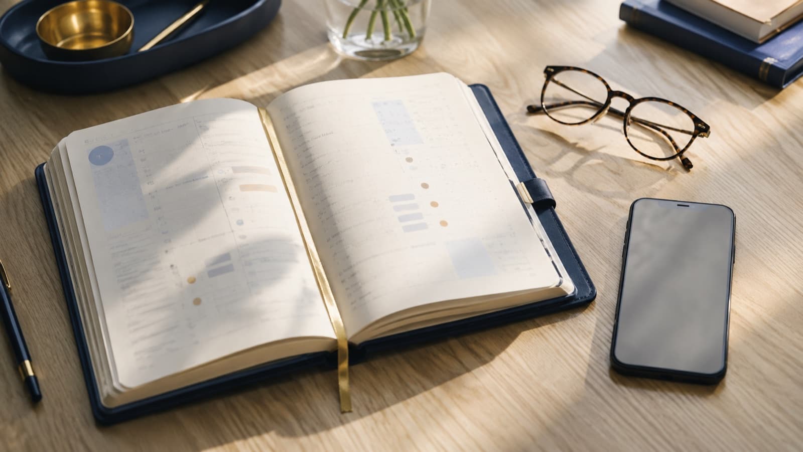 Agenda de rendez-vous ouvert à côté d’une paire de lunettes et d’un smartphone sur un bureau en bois clair, lumière douce