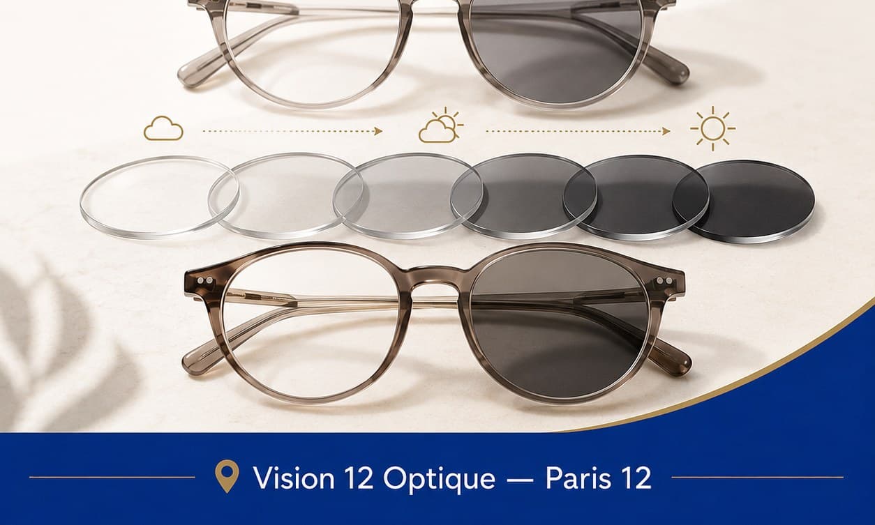 Verres photochromiques passant du clair au foncé chez Vision 12