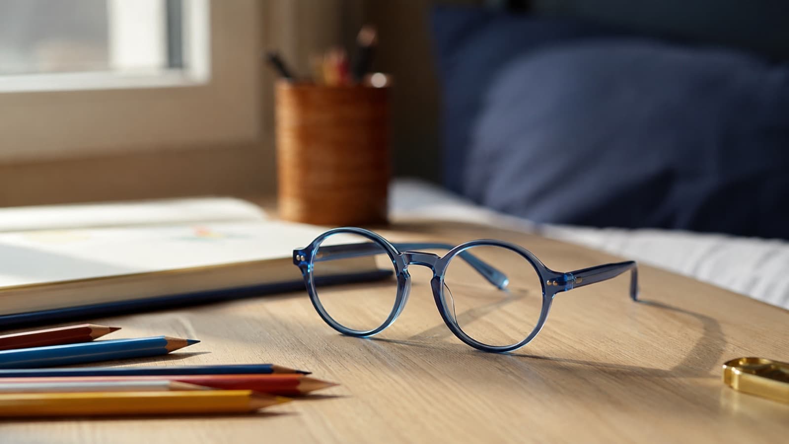 Lunettes rondes en acétate bleu translucide posées sur un bureau en bois clair, à côté de crayons de couleur, dans la lumière du matin