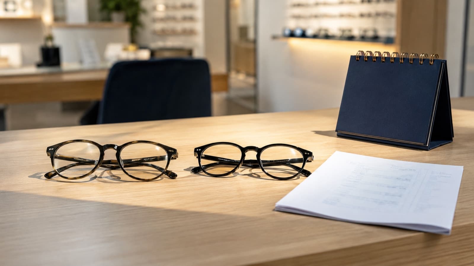 Deux paires de lunettes posées côte à côte sur un comptoir en bois clair, à côté d’une ordonnance et d’un calendrier, lumière douce