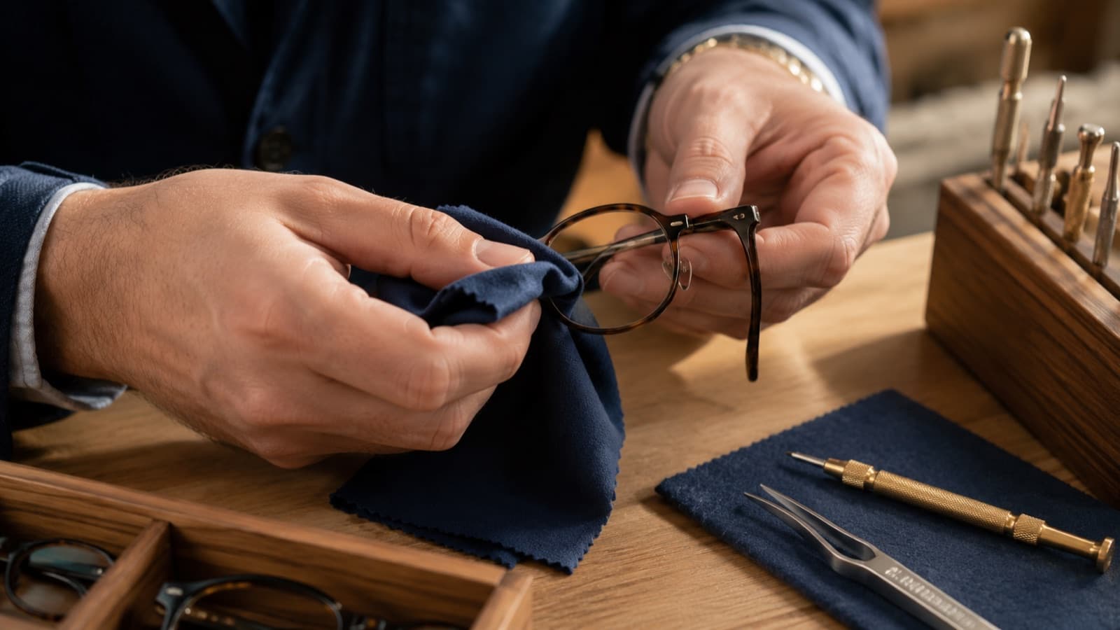 Mains d’un opticien nettoyant et ajustant une paire de lunettes au comptoir, chiffon microfibre et outils posés sur le bois clair