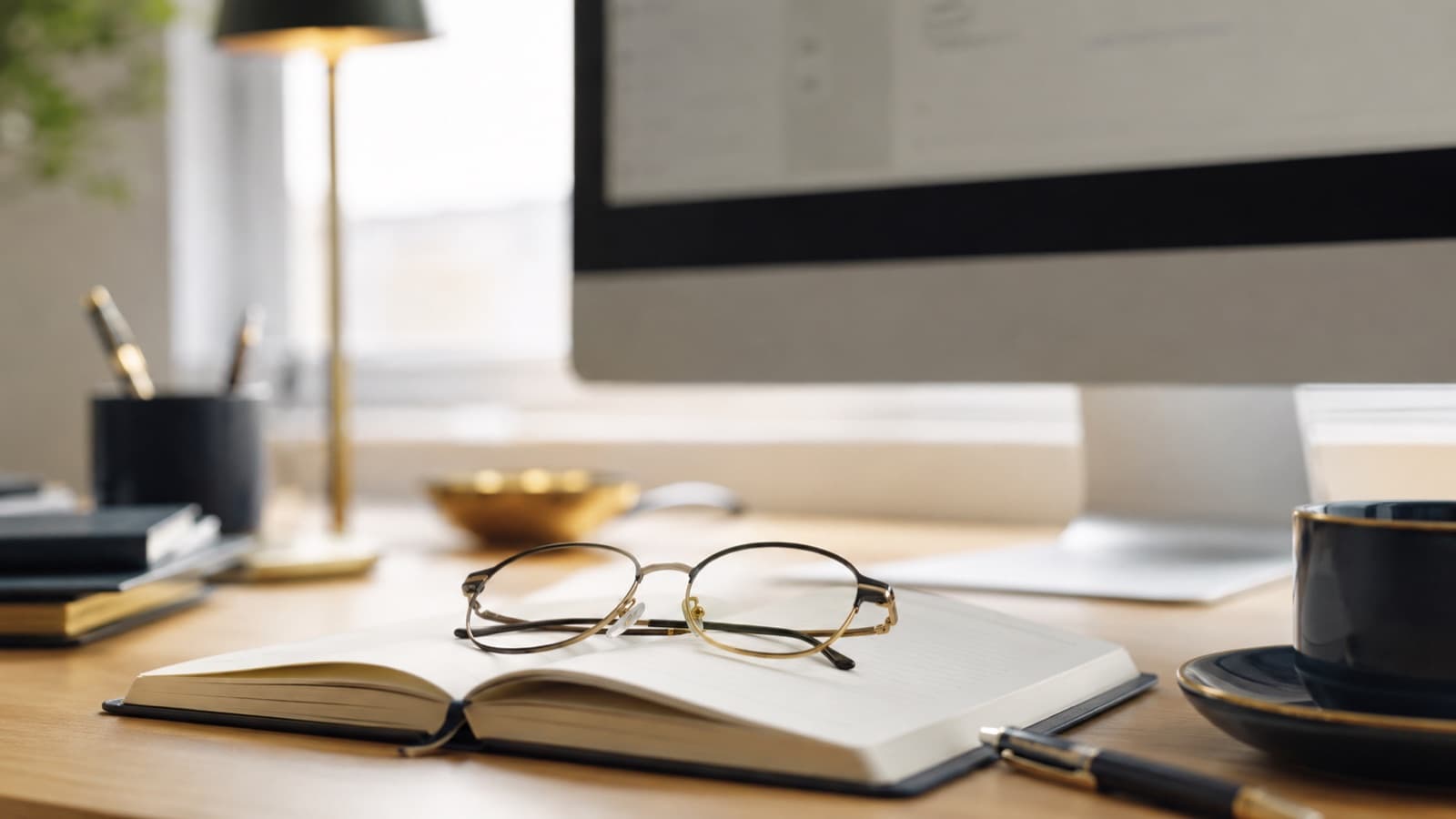 Paire de lunettes posée devant un écran d’ordinateur et un cahier sur un bureau en bois clair, lumière naturelle latérale