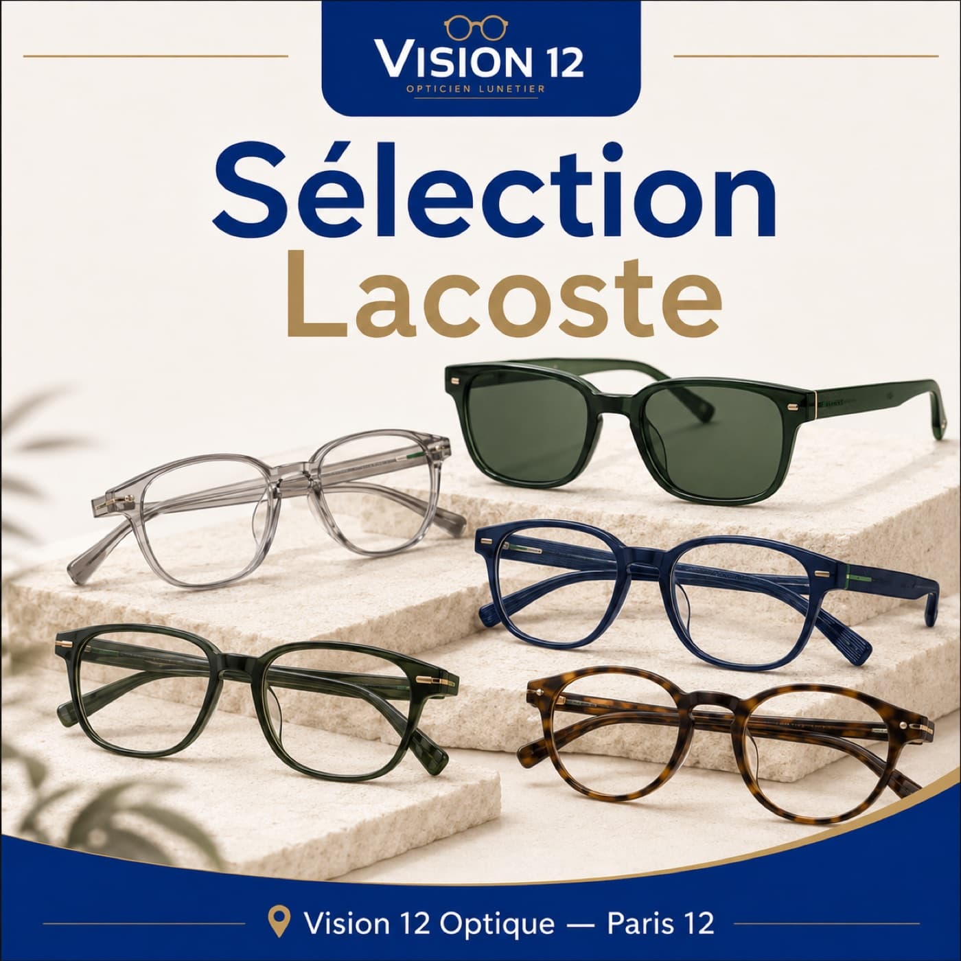 Sélection de lunettes Lacoste chez Vision 12, opticien à Paris 12