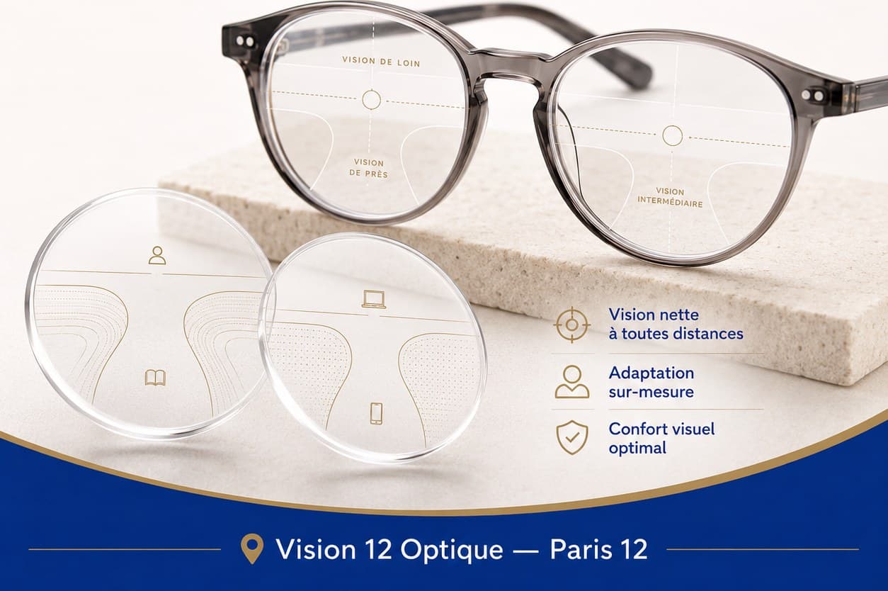 Verres progressifs et monture présentés chez Vision 12, opticien à Paris 12