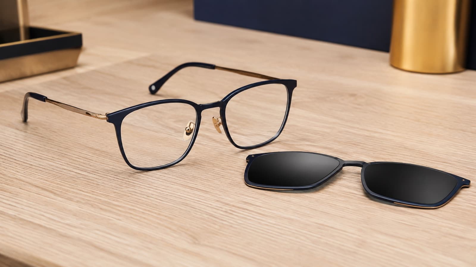 Monture de lunettes de vue avec un clip solaire aimanté posé à côté, sur un comptoir en bois clair, lumière naturelle