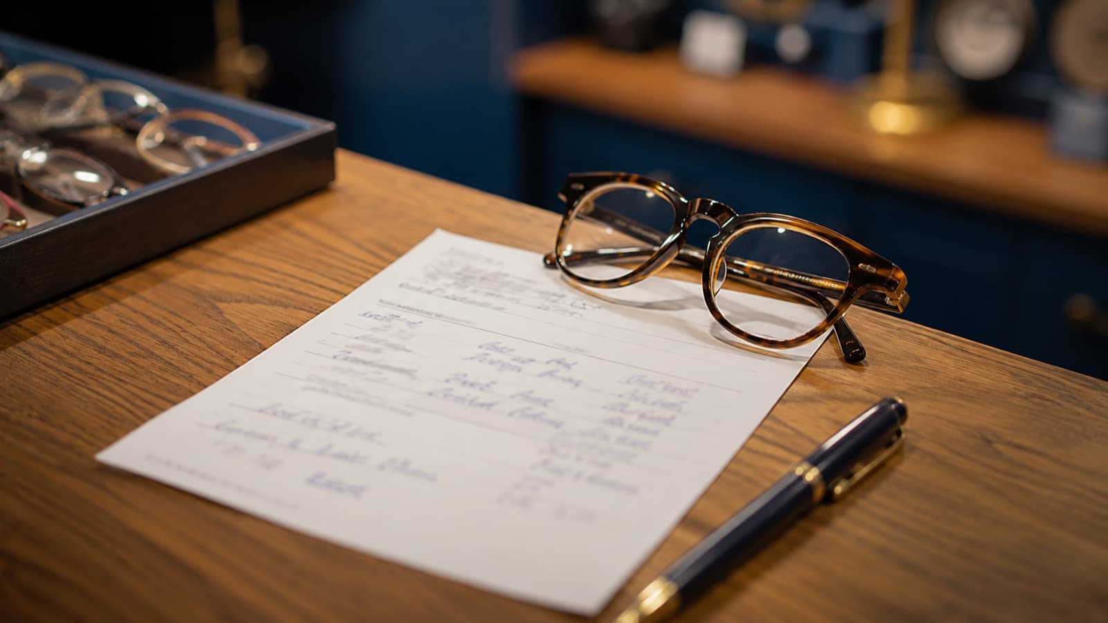 Ordonnance de lunettes posée sur un comptoir d’opticien à côté d’une paire de lunettes et d’un stylo, lumière naturelle