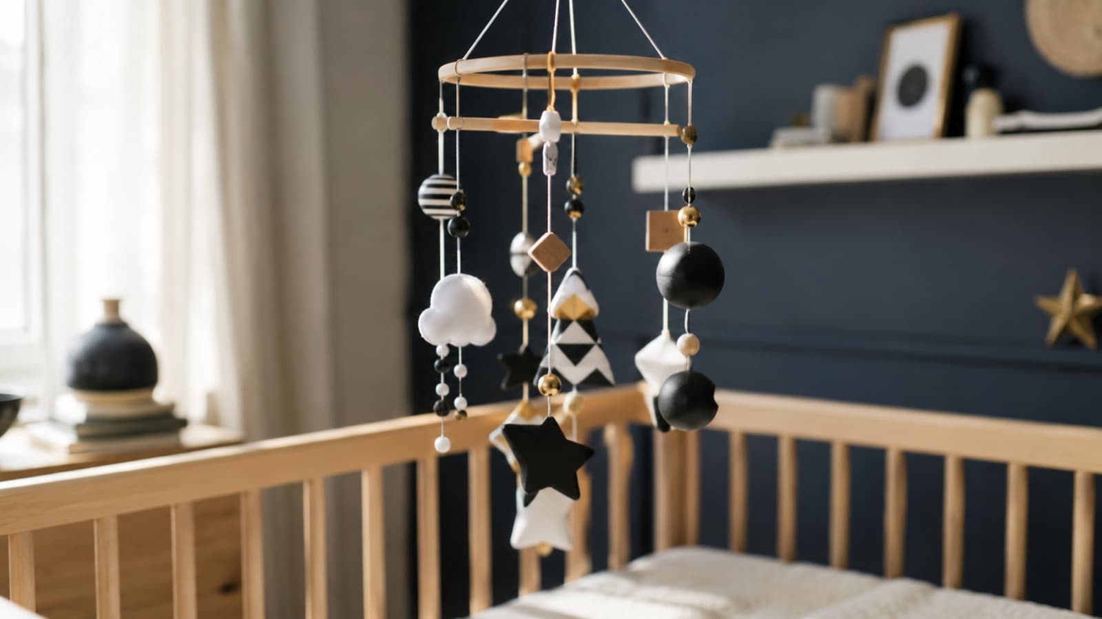 Petit mobile coloré et jouets contrastés en noir et blanc suspendus au-dessus d’un berceau, lumière douce et naturelle