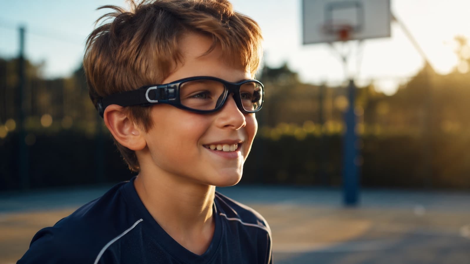 Enfant souriant portant des lunettes de sport maintenues par une sangle élastique sur un terrain de jeu, lumière naturelle