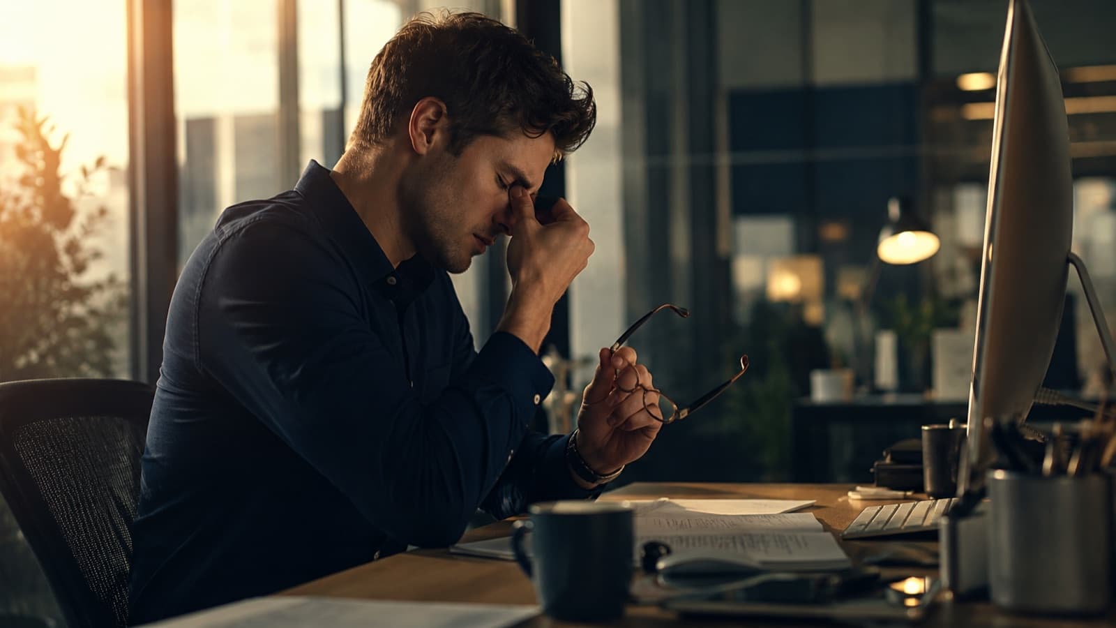 Jeune actif au bureau retirant ses lunettes en fin de journée devant un écran, lumière chaude de fin d’après-midi