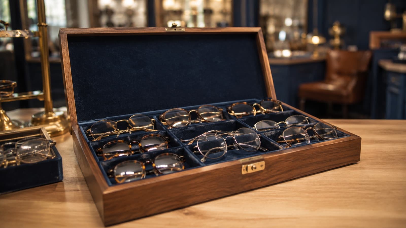 Plusieurs paires de lunettes anciennes rangées dans une boîte en bois, sur un comptoir d’opticien, lumière naturelle douce