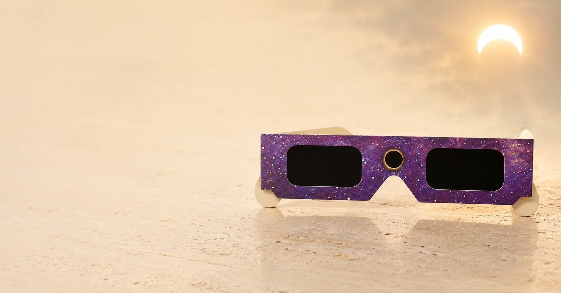 Lunettes d’éclipse certifiées posées sur un plan de pierre, devant une éclipse partielle de Soleil