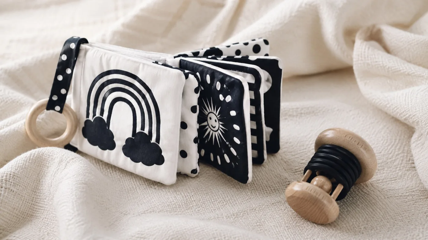 Un livre d’éveil en tissu à motifs contrastés noir et blanc et un hochet en bois, posés sur une couverture claire