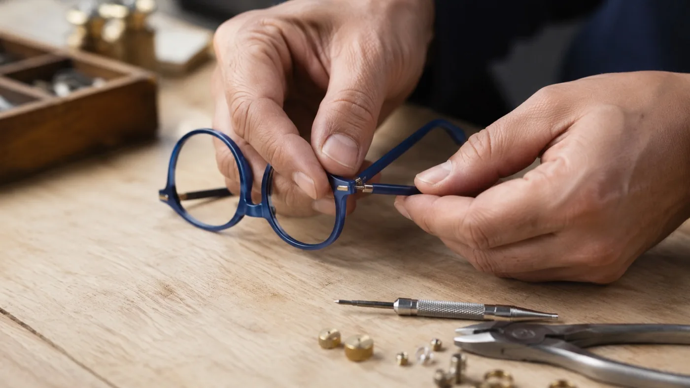 Les mains d’un opticien ajustent la branche d’une petite paire de lunettes rondes bleues d’enfant sur un établi, tournevis et pince posés à côté