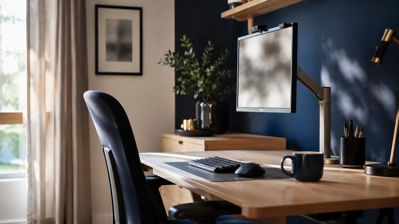Poste de télétravail bien réglé : écran sur bras articulé à hauteur des yeux, clavier, souris et fauteuil ergonomique près d’une fenêtre