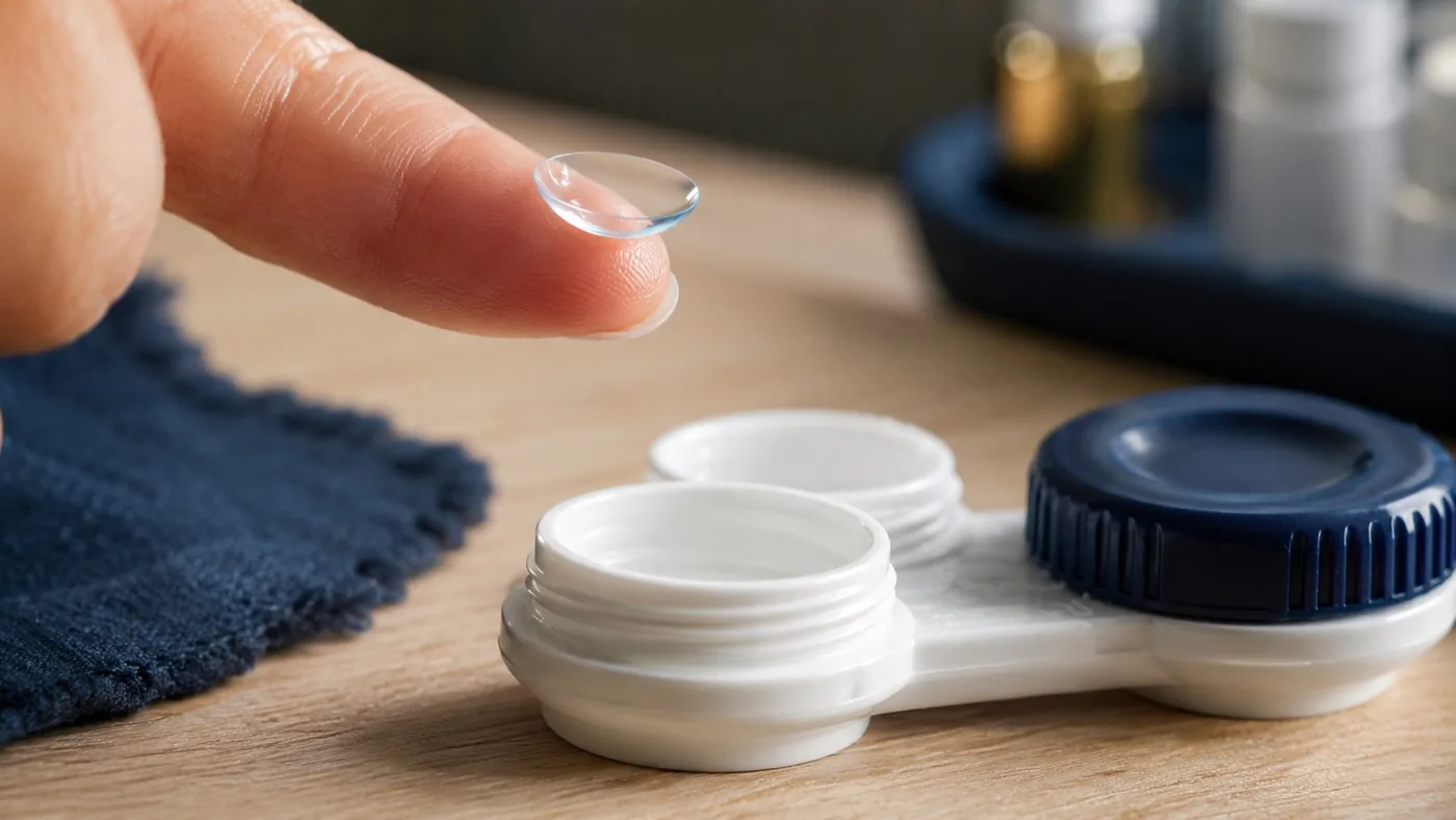 Le bout d’un doigt tient une lentille de contact souple transparente au-dessus d’un étui à lentilles ouvert