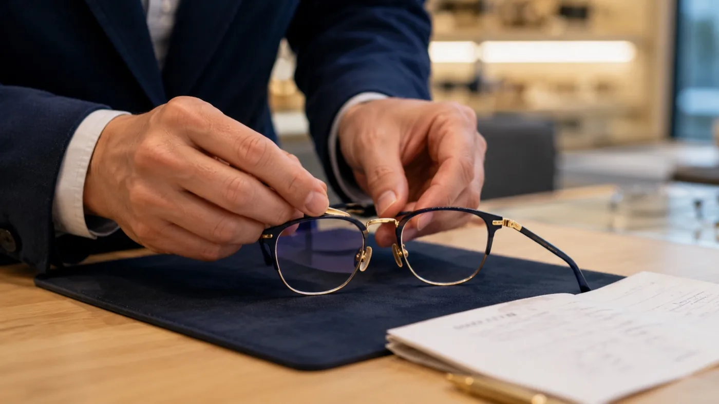 Un opticien présente une paire de lunettes neuves à côté d’une ordonnance médicale, sur le comptoir de la boutique