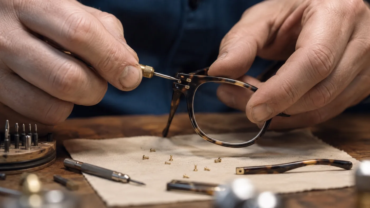 Un opticien resserre la charnière d’une monture écaille avec un tournevis de précision, entouré de vis dorées et d’outils d’atelier