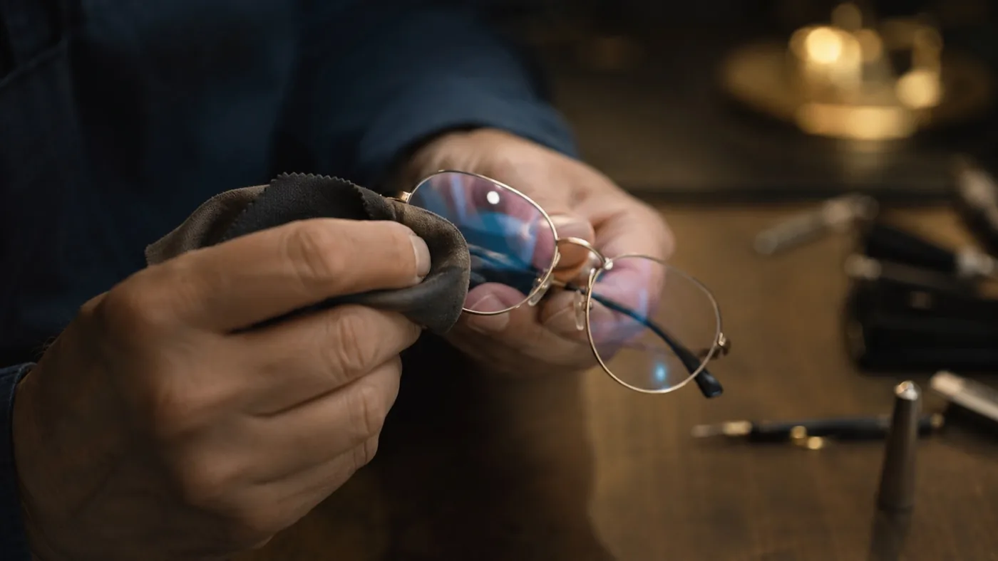 Les mains d’un opticien nettoient un verre antireflet avec un chiffon microfibre, reflets bleutés dans une ambiance de soir