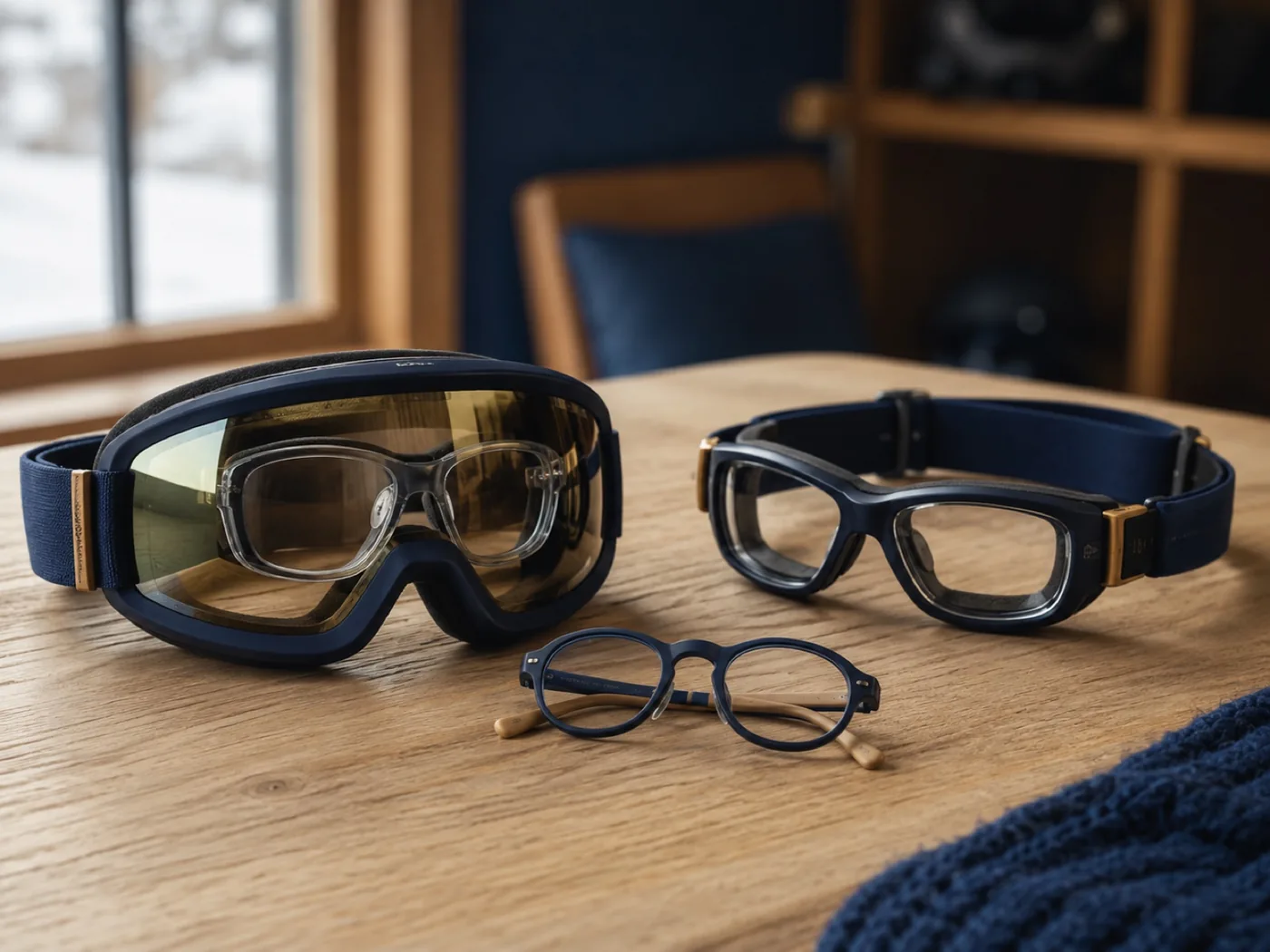 Masque de ski à la vue et lunettes de sport avec sangle posés sur une table, à côté d’une paire de lunettes correctrices d’enfant