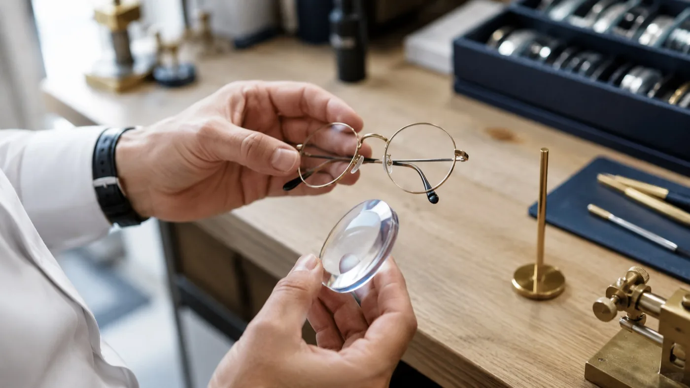 Un opticien tient un verre de forte myopie, épais sur les bords, à côté d’une petite monture ronde à l’atelier