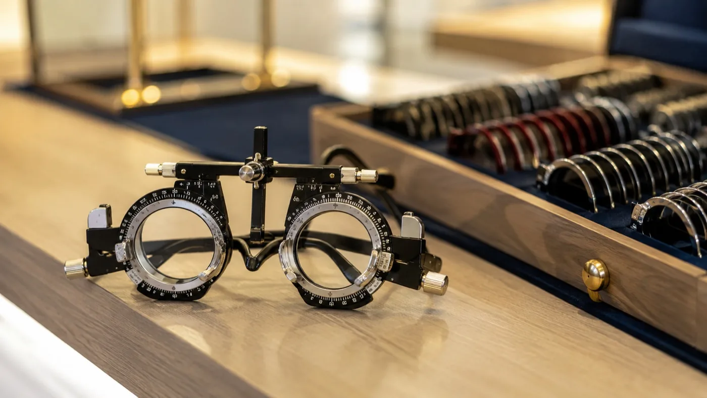 Une monture d’essai d’opticien garnie de verres de test, posée sur un comptoir à côté d’une boîte de verres d’essai