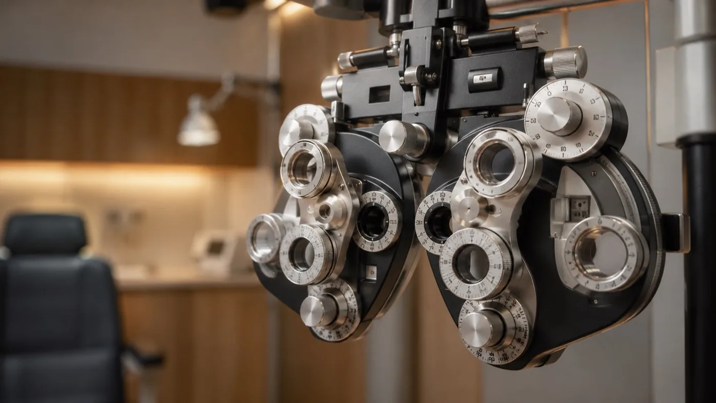 Phoroptère (réfracteur) d’opticien dans une cabine de contrôle de la vue, utilisé avant un renouvellement de lunettes