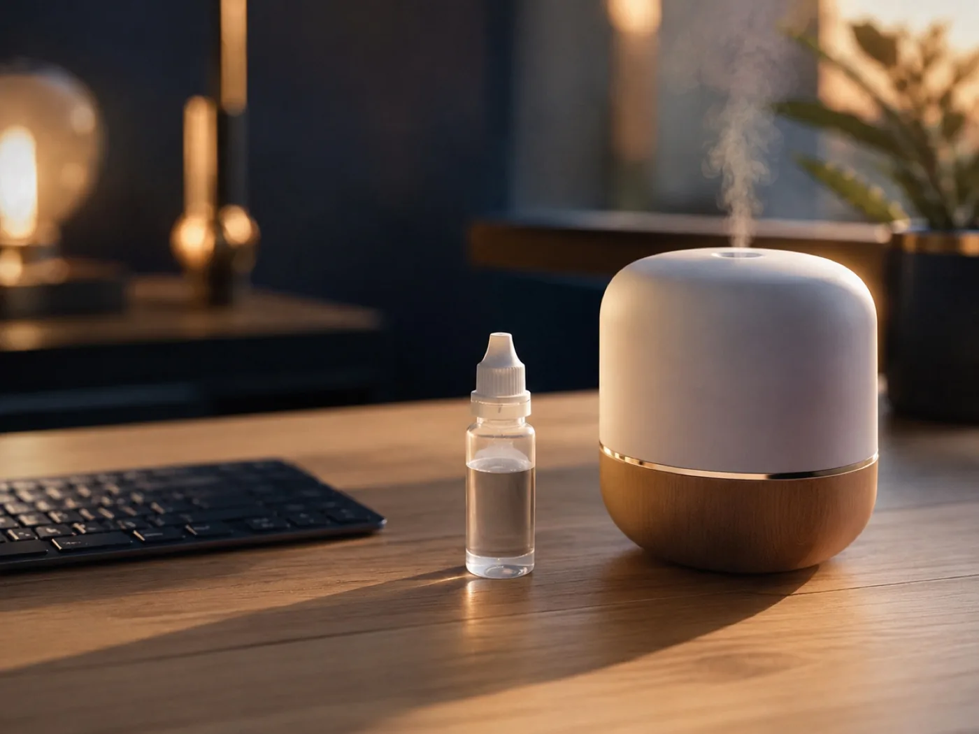 Un flacon de larmes artificielles en unidose et un humidificateur posés sur un bureau, près d’un ordinateur
