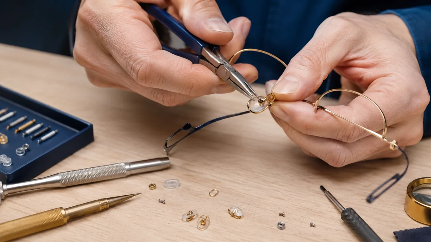 Les mains d’un opticien remplacent les plaquettes de nez d’une monture avec une pince de précision, à l’établi