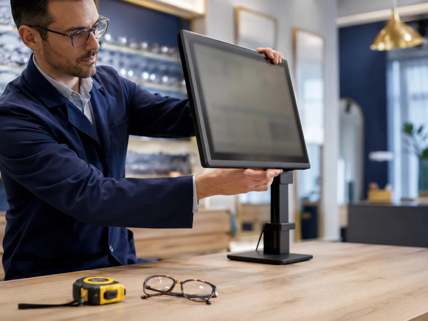 Un opticien réglant la hauteur d’un écran d’ordinateur sur un poste de travail, mètre et lunettes posés à côté