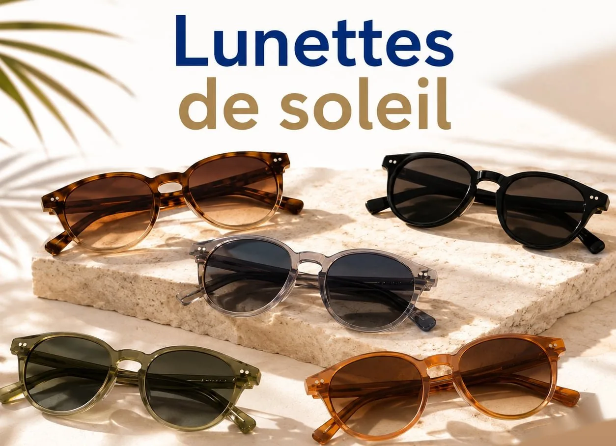 Plusieurs paires de lunettes de soleil aux teintes variées présentées chez Vision 12, opticien à Paris 12