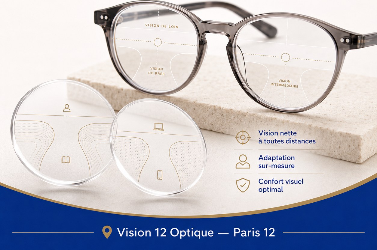Monture et schéma des zones de vision d'un verre progressif chez Vision 12